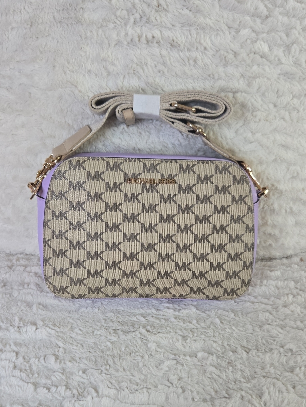 Michael Kors Beige MK Signature Crossbody with Lilac Trim NWOT